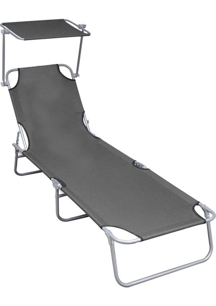 Gölgelikli Katlanır Şezlong Gri Alüminyum