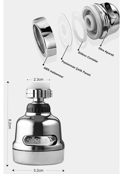 Krom 3 Fonksiyonlu Mutfak Lavabo Başlığı 360 Derece Döner Musluk Ucu Tasarruflu