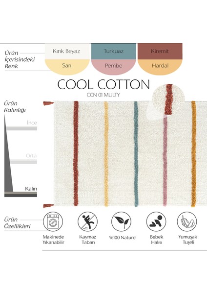 Cool Halı Cool Cotton Ccn 01 Multy Xw Makinede Yıkanabilir Kaymaz Tabanlı Naturel Pamuk Dokuma Bebek Halısı