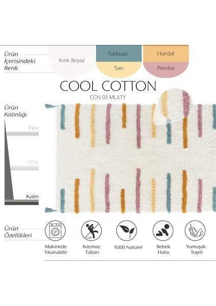 Cool Halı Cool Cotton Ccn 03 Multy Xw Makinede Yıkanabilir Kaymaz Tabanlı Naturel Pamuk Dokuma Bebek Halısı