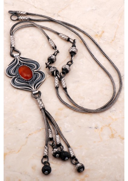 Akik Taşlı Telkari Işlemeli Kazaziye Elişi Oksitli Gümüş Kolye 7938