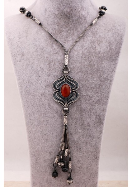 Akik Taşlı Telkari Işlemeli Kazaziye Elişi Oksitli Gümüş Kolye 7938 modelleri