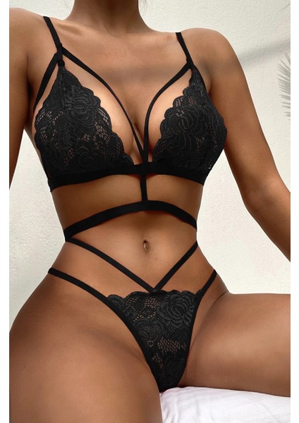 Kadın Lastik Detaylı Sütyen Külot Bralet Takımı - Siyah Dantel İç Çamaşırı - 5500 fiyatları