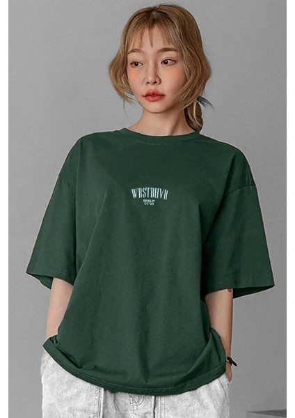 Yeşil Oversize Kadın T-Shirt Bisiklet Yaka Günlük Stil Pamuk 3/4 Kol fiyatları