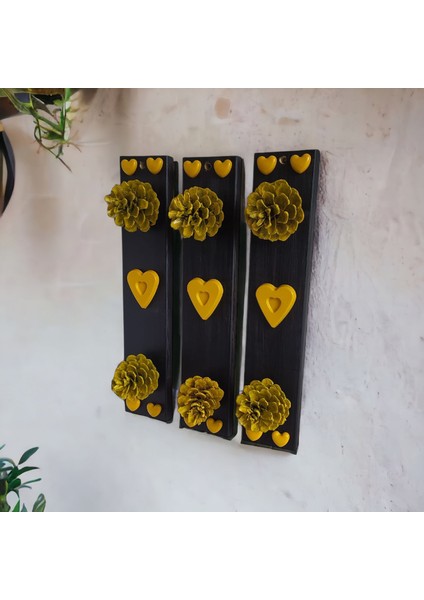 Sarı Siyah Ahşap Kalpli Kozalak Duvar Süsü Duvar Çiçekliği 3'lü