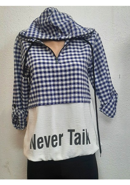 Mavi Yarı Fermuarlı Kapşonlu Sweatshirt