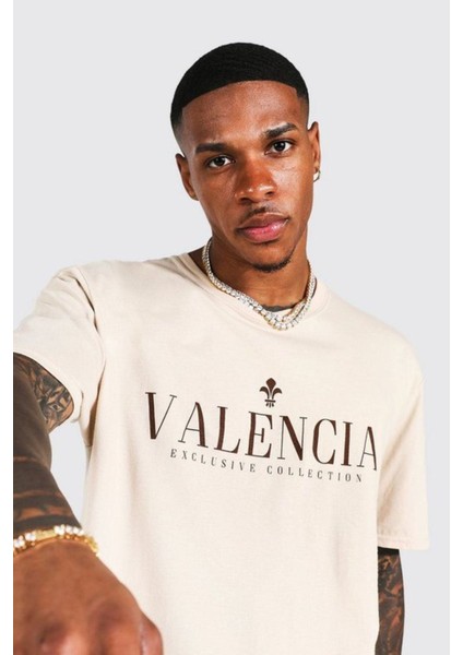 Erkek Bej Valencia Baskılı Oversize Tshirt modelleri