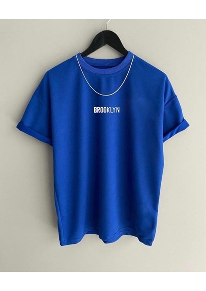 Erkek Mavi Brooklyn Baskılı Oversize Bisiklet Yaka Kısa Kollu Tshirt