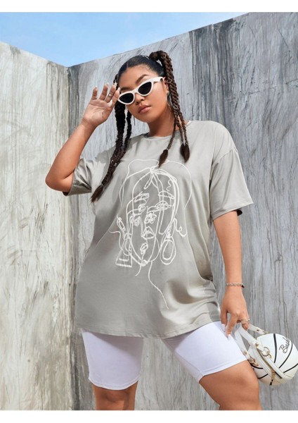 Gri Yüz Baskılı Oversize Tshirt