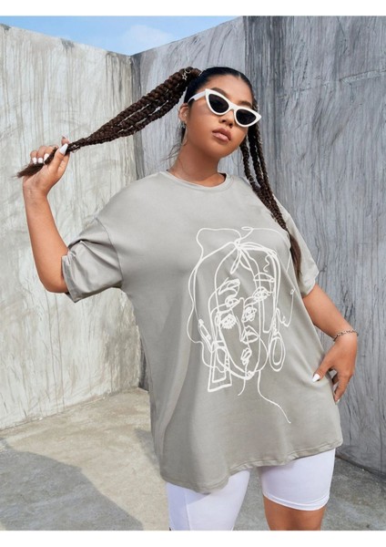 Gri Yüz Baskılı Oversize Tshirt