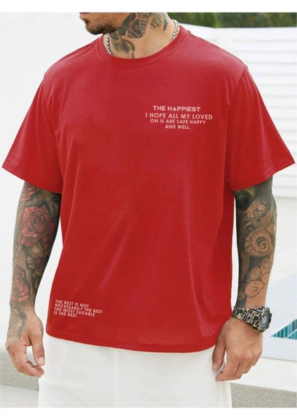 Kırmızı Happiest Baskılı Oversize T-Shirt