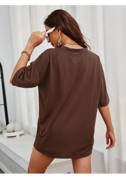 Kahverengi Casmania Baskılı Oversize T-Shirt