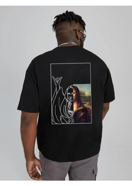 Siyah Monalisa Baskılı Oversize T-Shirt
