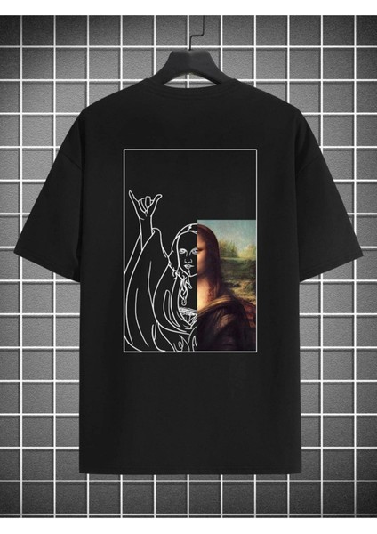 Siyah Monalisa Baskılı Oversize T-Shirt modelleri