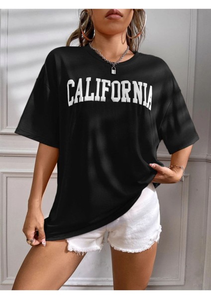 Siyah California Baskılı Oversize Tshirt