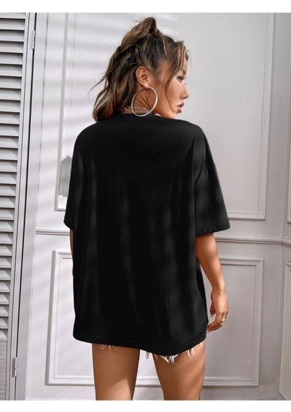 Siyah California Baskılı Oversize Tshirt