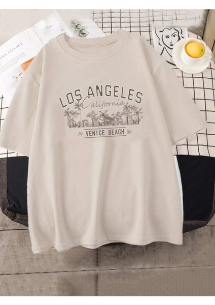 Bej Los Angeles Baskılı Oversize T-Shirt