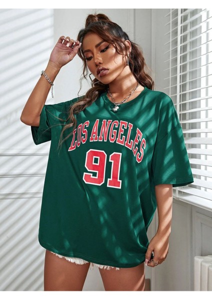 Yeşil Los Angeles Baskılı Oversize T-Shirt fiyatları