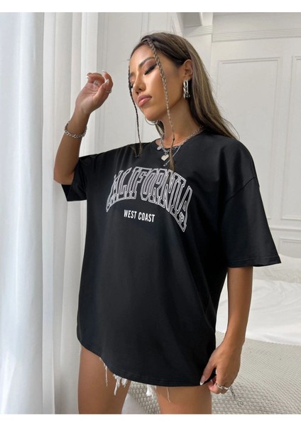 Siyah California West Baskılı Oversize T-Shirt