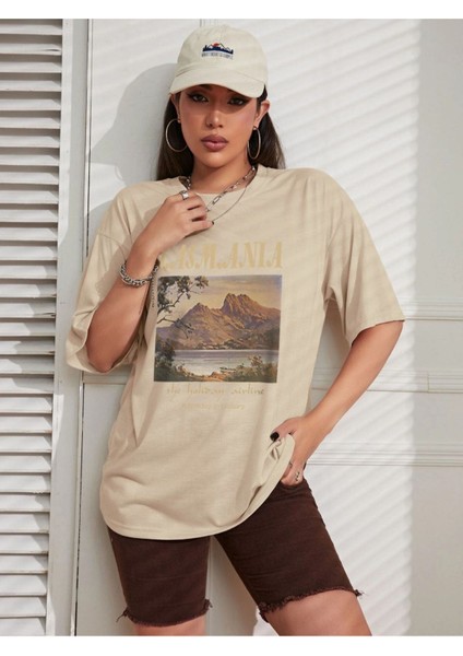Bej Casmania Baskılı Oversize T-Shirt