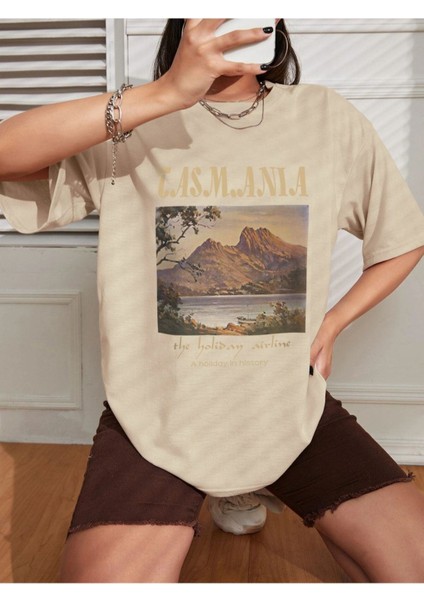Bej Casmania Baskılı Oversize T-Shirt