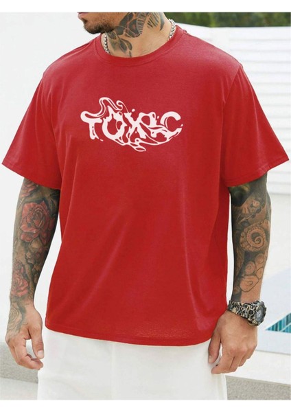 Kırmızı Toxic Baskılı Oversize T-Shirt