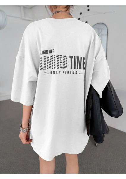 Beyaz Limited Time Baskılı Oversize T-Shirt