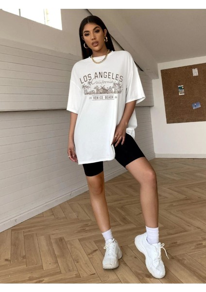 Beyaz Los Angeles Baskılı Oversize T-Shirt