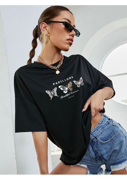 Siyah Kelebek Baskılı Oversize T-Shirt