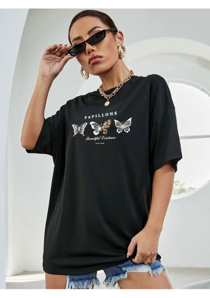 Siyah Kelebek Baskılı Oversize T-Shirt