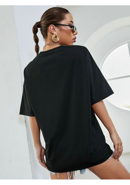 Siyah Kelebek Baskılı Oversize T-Shirt