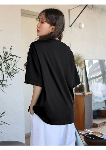 Siyah Raw Baskılı Oversize T-Shirt