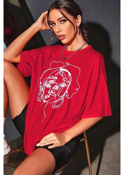 Kırmızı Yüz Baskılı Oversize Tshirt