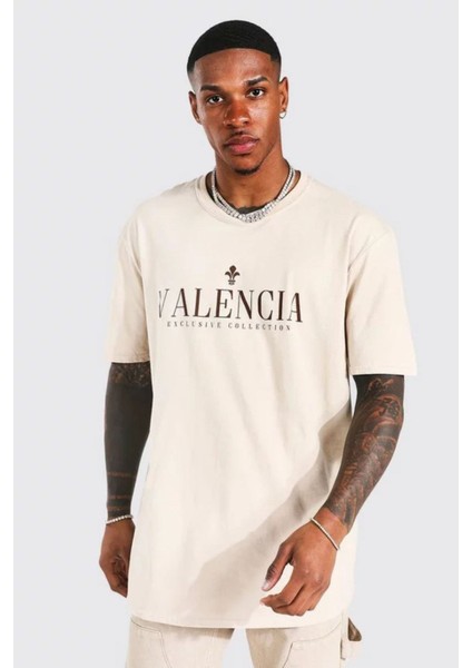 Erkek Bej Valencia Baskılı Oversize Tshirt