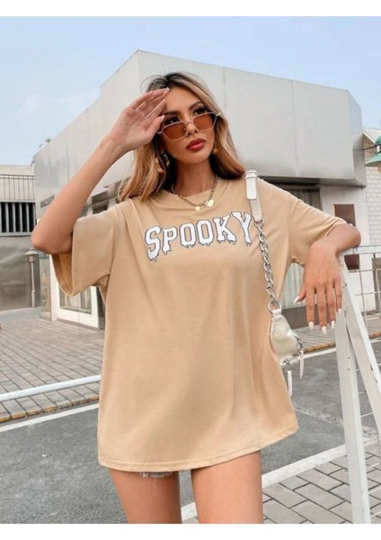 Bej Spooky Baskılı Oversize T-Shirt