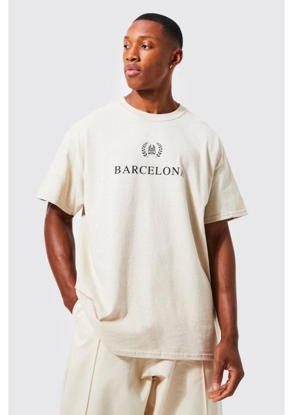 Bej Barcelona Baskılı Oversize Tshirt