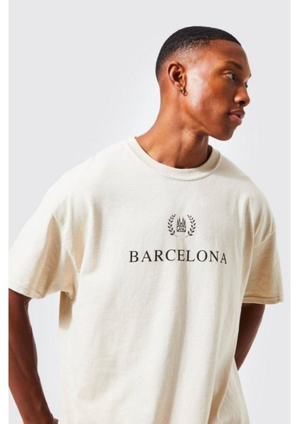 Bej Barcelona Baskılı Oversize Tshirt modelleri