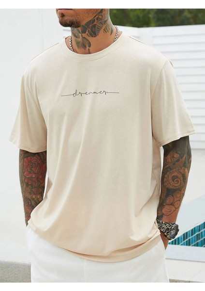 Bej Dreamer Baskılı Oversize T-Shirt