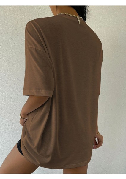 Kahverengi Over Think Baskılı Oversize T-Shirt