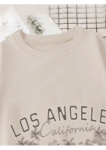 Bej Los Angeles Baskılı Oversize T-Shirt