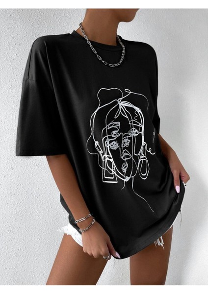 Siyah Yüz Baskılı Oversize Tshirt