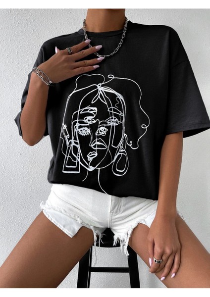 Siyah Yüz Baskılı Oversize Tshirt