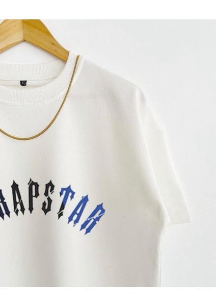 Beyaz Trapstar Baskılı Oversize Bisiklet Yaka Kısa Kollu Pamuklu T-Shirt