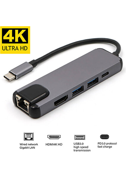 USB 3.1 Type C To HDMI 4K@30Hz Kablo Çevirici + 2x USB 3.0 + Gigabit Ethernet +Pd 100W Dönüştürücü