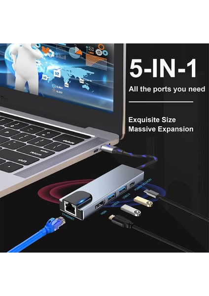 USB 3.1 Type C To HDMI 4K@30Hz Kablo Çevirici + 2x USB 3.0 + Gigabit Ethernet +Pd 100W Dönüştürücü