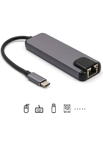 USB 3.1 Type C To HDMI 4K@30Hz Kablo Çevirici + 2x USB 3.0 + Gigabit Ethernet +Pd 100W Dönüştürücü