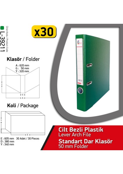 Klasör Yeşil Dar 30 Adet 1 Koli