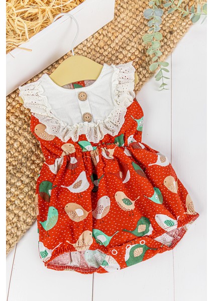 Fistolu Kuş Desenli Yazlık Kız Bebek Tulum