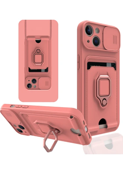 Happycase iPhone 14 Kılıf Zuma Kartvizitli Yüzüklü Silikon - Pembe