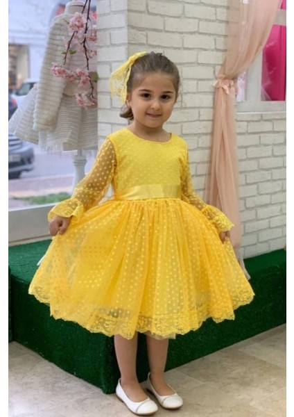 Abiye Kids Dantelli Kız Çocuk Mezuniyet Sarı Abiye Elbise 6/13 Yaş Arası ABY81510